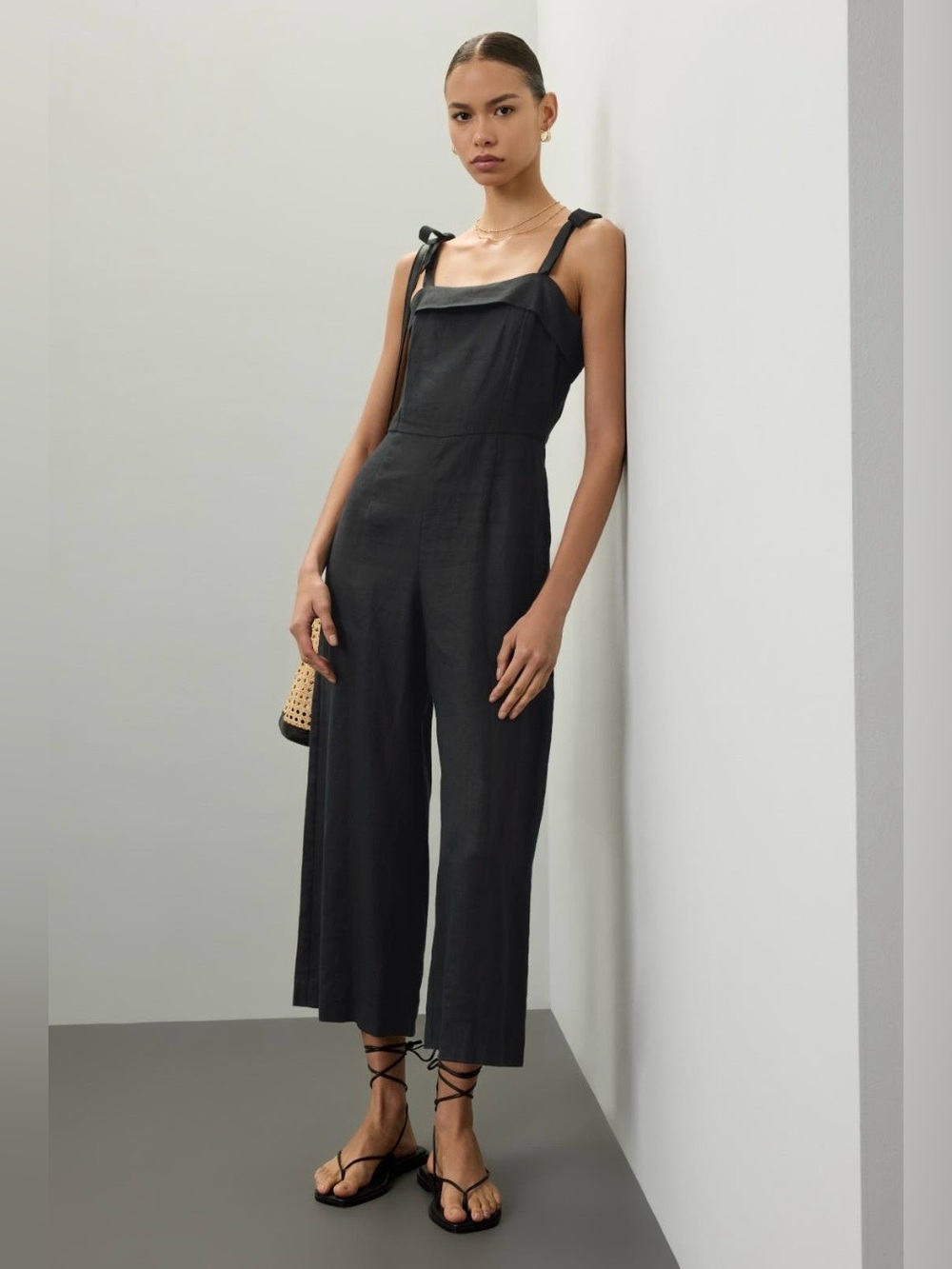 Fifteen Twenty~Black Tie-Shoulder Cropped Wide-Leg Paloma Jumpsuit~Size 2~$253~